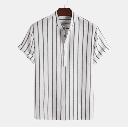 maoxiangshop Summer Blouse Male Casual Stripe Printing Shirt Short Sleeve Stand Collar Blouse Tops For Mens Outdoor Beach Shirts рубашка