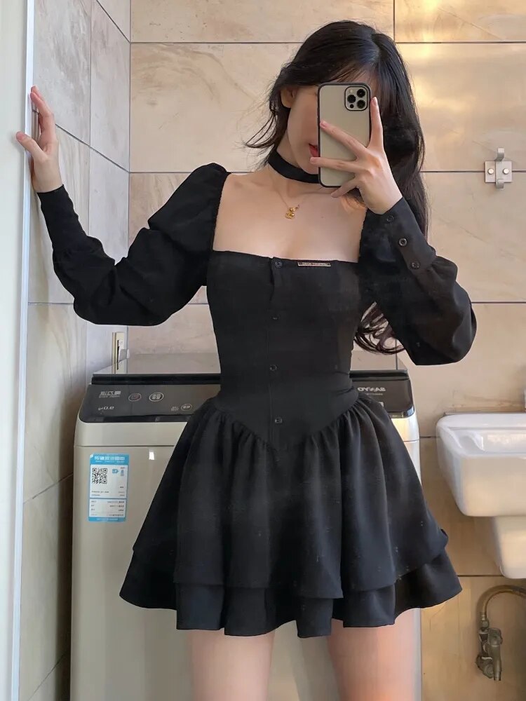 maoxiangshop Black Vintage 3 Piece Skirt Set Women Sexy Lolita Y2k Mini Skirt Suit Female Casual Korean Fashion Long Sleeve Retro Set