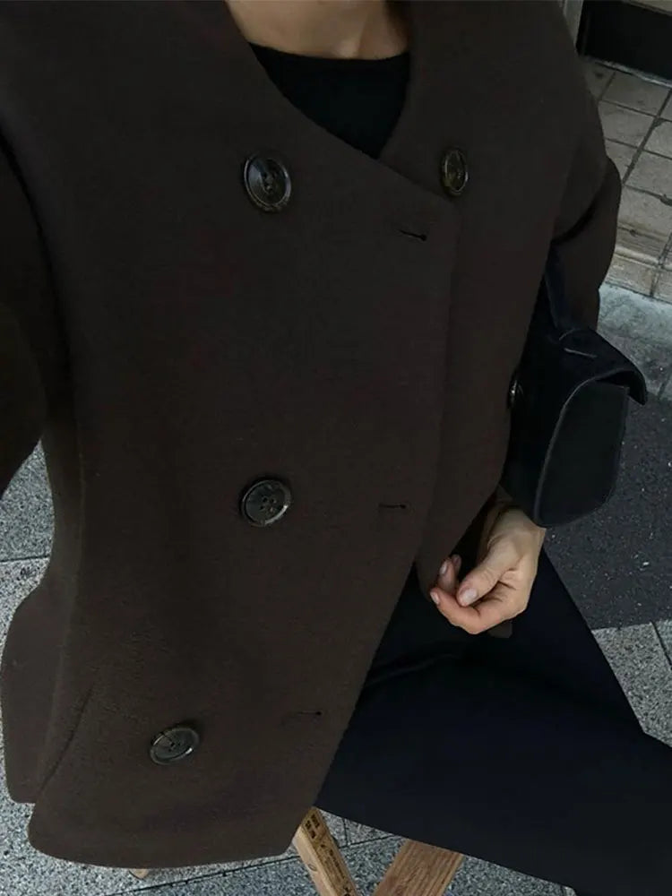 maoxiangshop -  Autumn Faux Woolen Solid Cropped Jacket Women Single Breasted Button Pocket Baseball Coat Fashion Long Sleeve Female Outwear