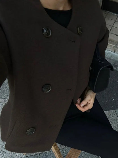 maoxiangshop -  Autumn Faux Woolen Solid Cropped Jacket Women Single Breasted Button Pocket Baseball Coat Fashion Long Sleeve Female Outwear