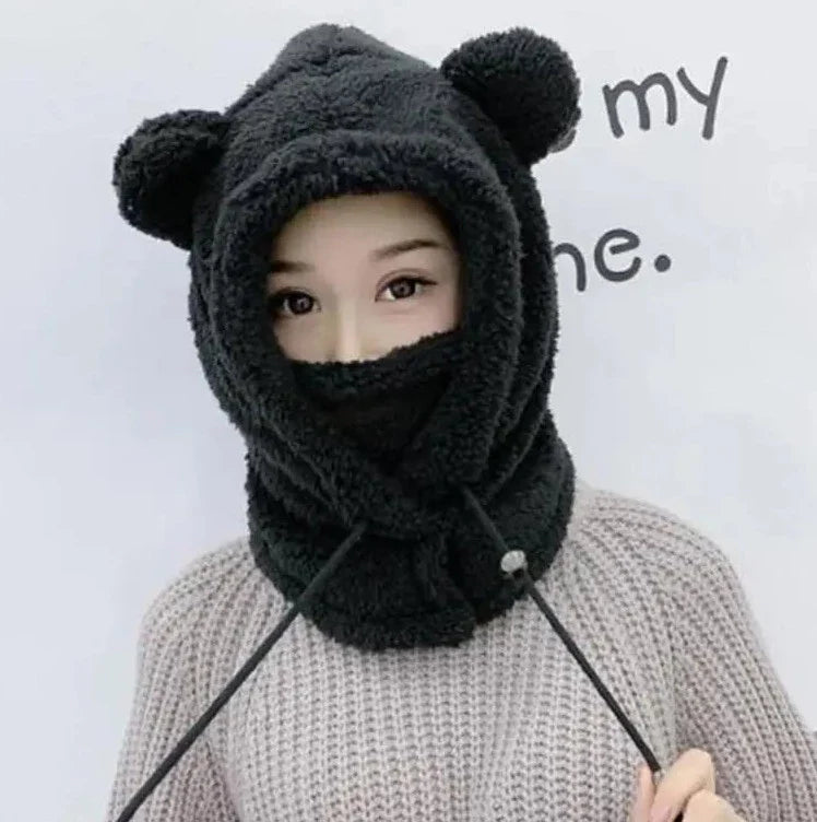 maoxiangshop Cute Winter Earflaps Plush Bear Ears Hats adult Warm Mask for Outdoor Women Bonnet Hood