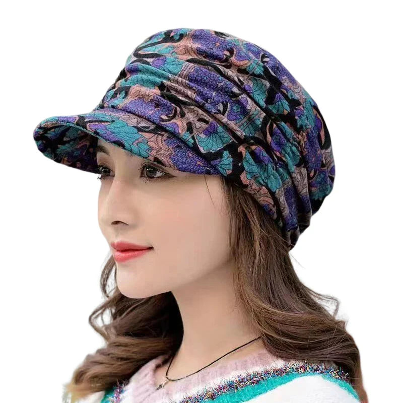 maoxiangshop Women Hat Short Brim Warm Foldable Earflap Women Cap Ethnic Style Floral Print Autumn Winter Hat Daily Clothing Turban Visor