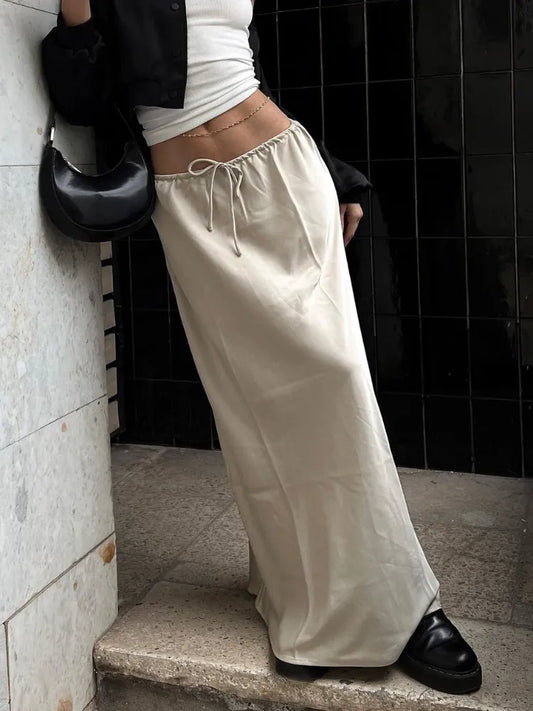 Satin Loose Lace-up Black Skirt Long For Women Casual High Waist Female Skirts Solid Elegant Street Falda Midi Mujer