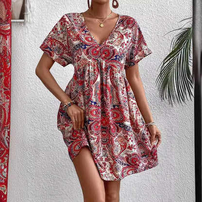 maoxiangshop 2024 Summer New Women Ethnic Graphic Print Dress Beach Bohemian Sundress V Neck Short Sleeve Dress Holiday Dresses Vestidos