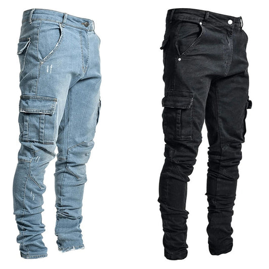 maoxiangshop Jeans Men Pants Casual Cotton Denim Trousers Multi Pocket Cargo Jeans Men New Fashion Denim Pencil Pants Side Pockets Cargo
