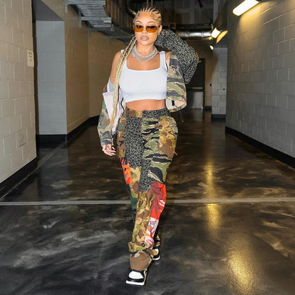 maoxiangshopCamo Flare Cargo Pants For Women High Waist Big Size Camouflage Print Baggy Techwear Patchwork Pocket Summer Streetwear Trousers
