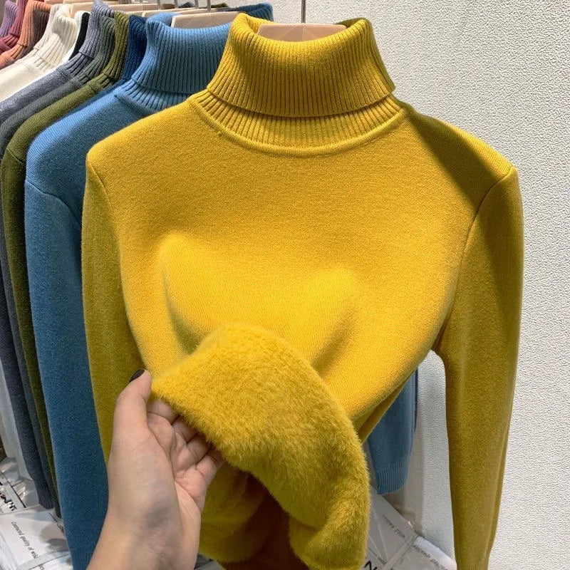 maoxiangshop Turtleneck Winter Sweater Women Elegant Thicken Velvet Lined Warm Sueter Knitted Pullover Slim Tops Jersey Knitwear Jumper New