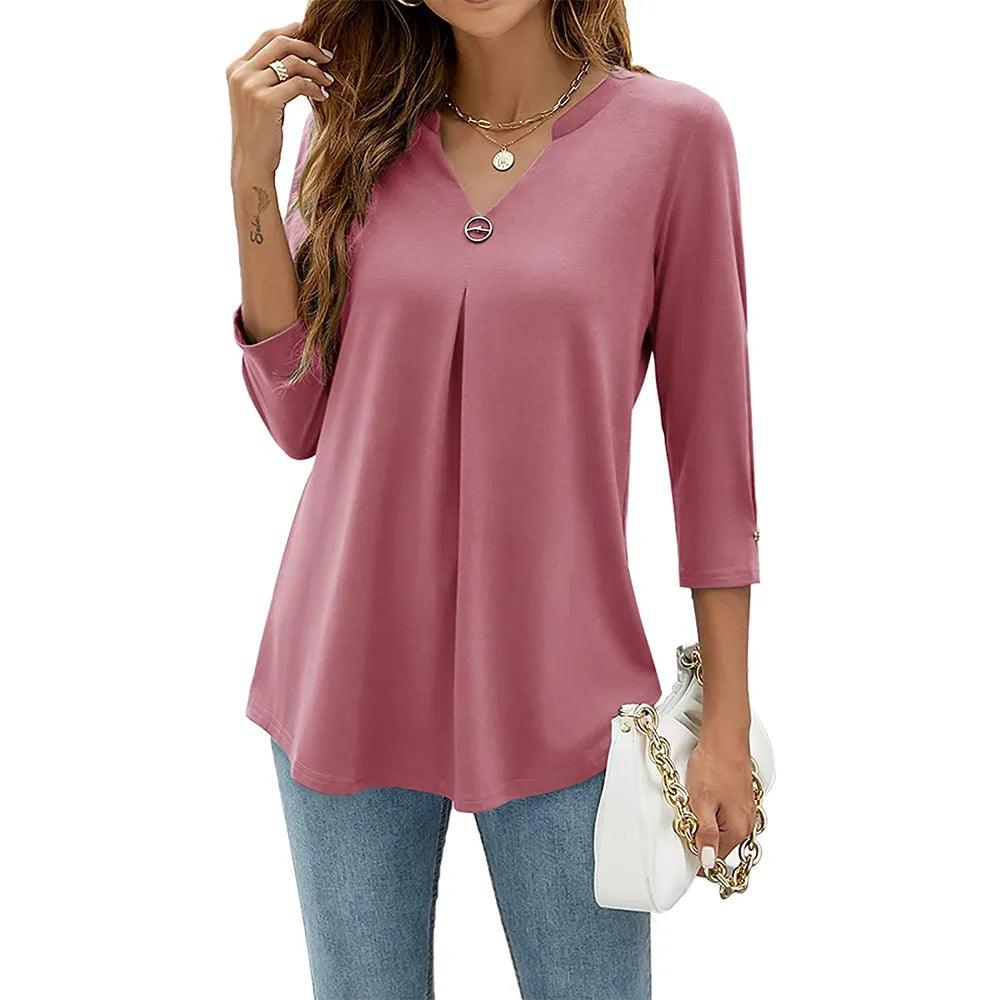 maoxiangshop Womens Autumn V Neck 3/4 Sleeve Shirts Business Casual Tops Loose Work Tunic Blouse