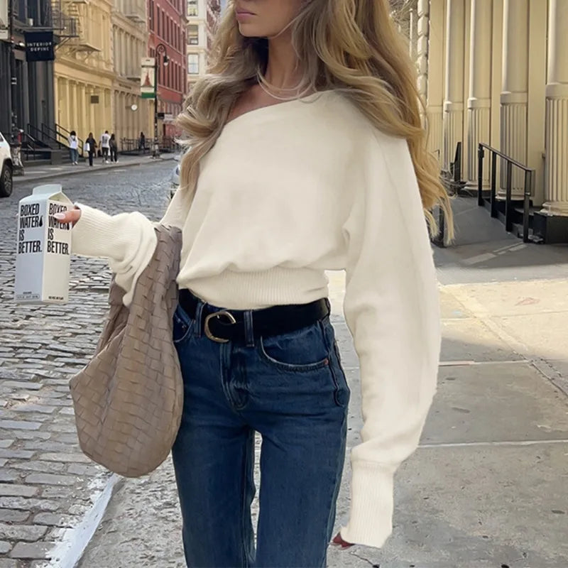 maoxiangshop  -  Casual Off-Shoulder Sweater Women's Autumn Warm Long-Sleeved Knitted Sweater Solid High Waist Loose Female Knitted Top