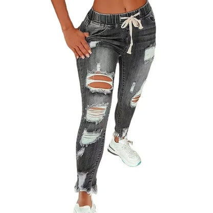 maoxiangshop Ripped Elastic Waist Drawstring Jeans for Women European and American High Waist Ripped Jeans for Women