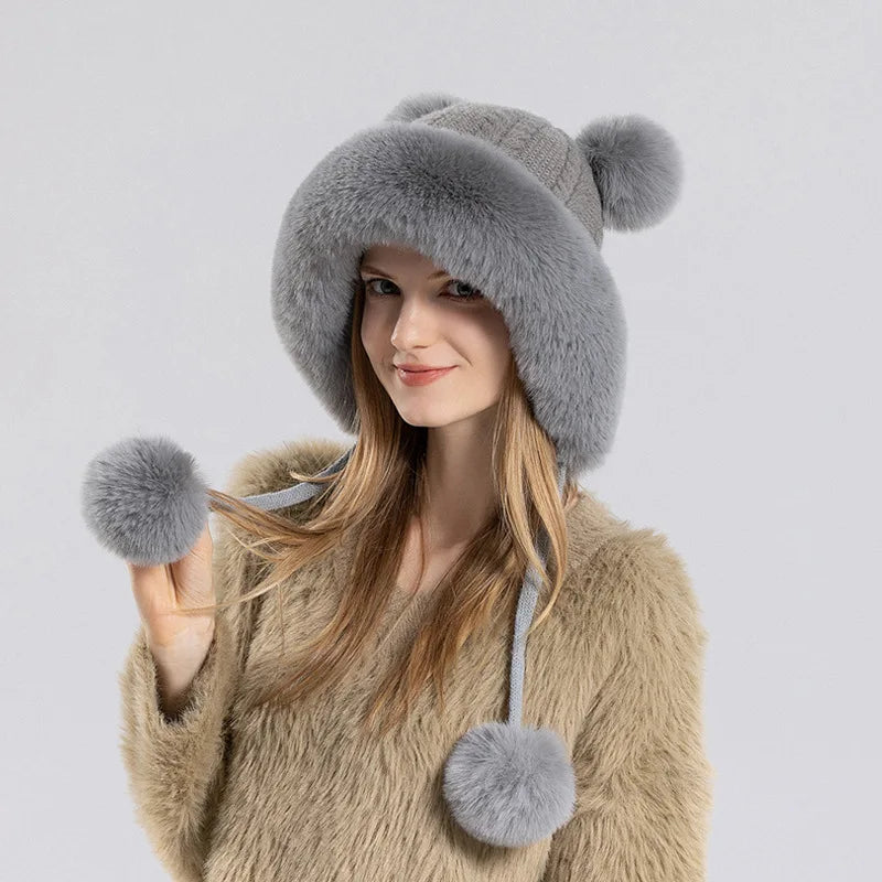 maoxiangshop  -  Winter Pompoms Hat for Women Plush Lining Thickened Warm Knit Beanies Bonnet Outdoor Windproof Ear Protection Skiing Woolen Caps