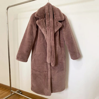maoxiangshop  -  Luxury Winter Long Overcoats Women Oversized Lapel Belted Faux Rabbit Fur Coat Jacket Female Plus Size Outerwear Plush Fur Coats