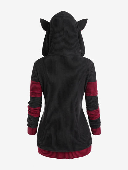 Cute Fall,Winter Women Colorblock Jacket Cat Ear Ribbed Hooded Warm Long Sleeve Zipper Coat 4XL Outwear Tops New Arrival