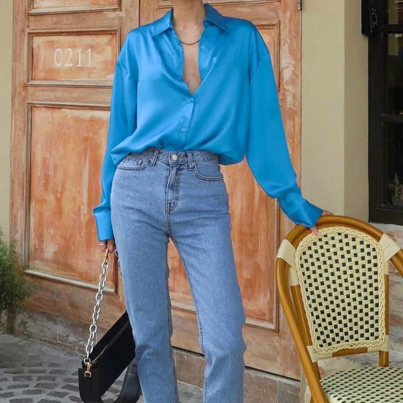 maoxiangshop  -  Autumn Office Lady Loose Turn Down Collar Button Clothes Fashion Blue Shirt New Long Sleeve Shirt for Women Blusas
