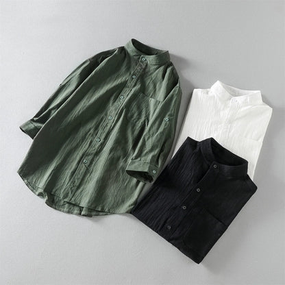 maoxiangshop Spring and Summer Stand Collar Five-point Mid-sleeve Fashionable Men's Short-sleeved Shirt Seven-point Sleeve Large Size Men's