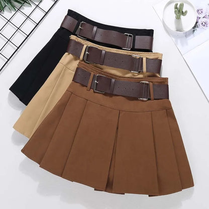 maoxiangshop Brown Belted Mini Skirt Low Waisted Pleated Skirt with Belt Women Academia Aesthetic Vintage Outfit