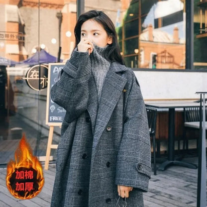 maoxiangshop Women Coat Plaid Tweed Wool Warm Long Jackets Female Overcoat Korean Fashion Outerwear Trench Coat Clothes Autumn Winter