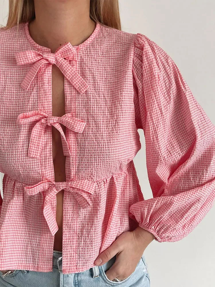 maoxiangshopWomen Casual Round Collar Plaid Bow Lace Up Shirt Elegant Loose Puff Sleeve Hallow Out Short Tops 2024 Spring Female Streetwear