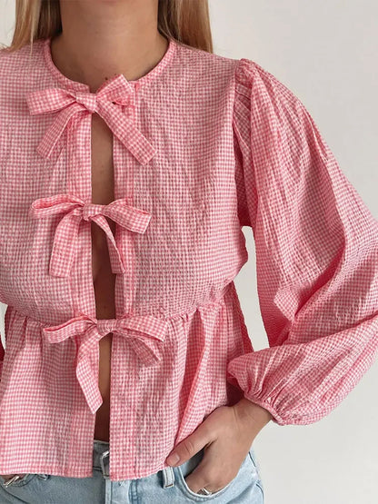 maoxiangshopWomen Casual Round Collar Plaid Bow Lace Up Shirt Elegant Loose Puff Sleeve Hallow Out Short Tops 2024 Spring Female Streetwear