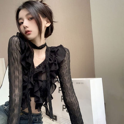 maoxiangshop Women Lace Blouses  Y2k Crop Top Sexy Gothic GrungeFemale Shirts Elegant Black Transparent Cardigan Korean Streetwear