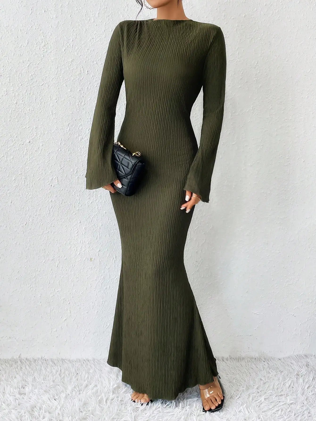 Solid Flare Sleeve Mermaid Dress, Elegant Crew Neck Floor Length Slim Dress, Women's Clothing