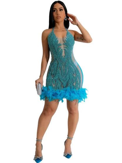 maoxiangshop Elegant Luxury Sequins See Through Feather Mini Dress Celebrity Halter Backless Women‘s Sexy Birthday Party Nightclub Vestidos