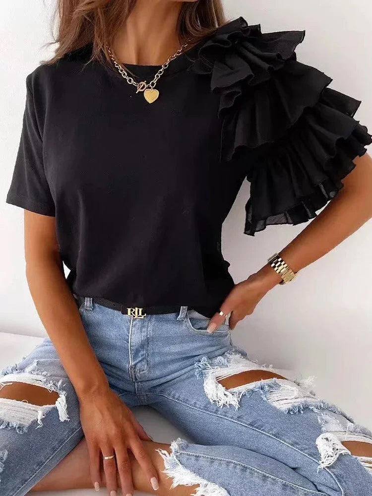 maoxiangshop Women Summer Ruffles Short Sleeve Loose T Shirt Chic Elegant Solid O Neck Tops Casual Simple All Match Tee Streetwear Blouse