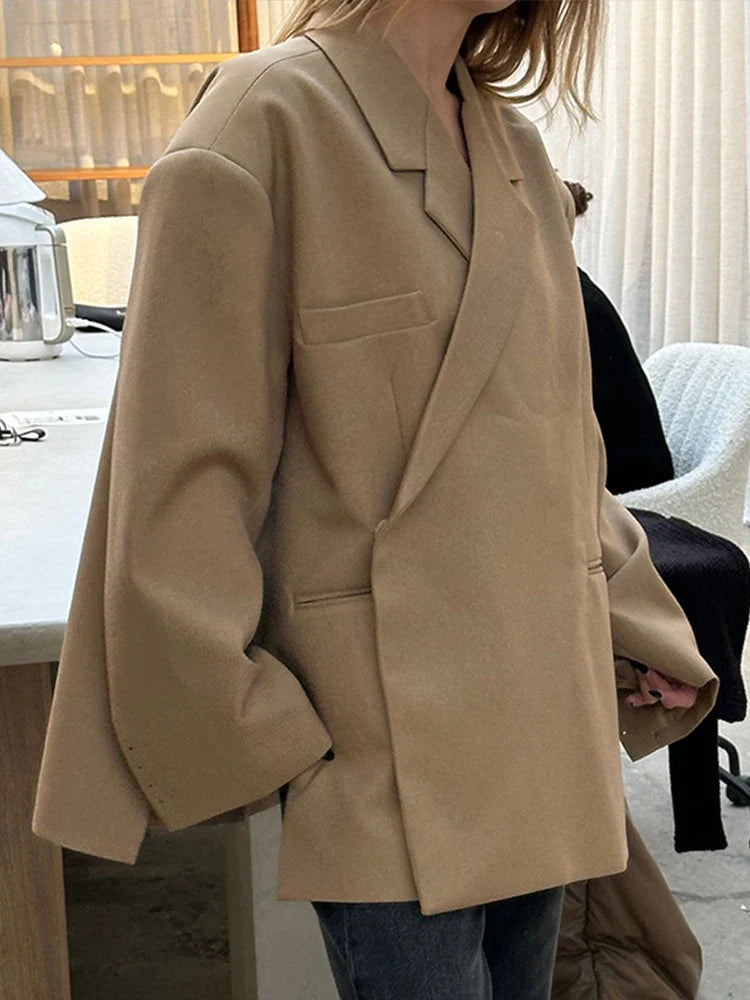 maoxiangshop  -  Loose Slanted Placket Suit Jacket Women Autumn Oversize Solid Suits Coat Female Elegant Casual Hidden Button Lapel Slit Coats