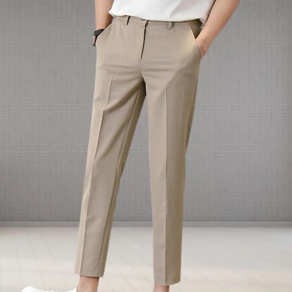 maoxiangshop Popular Men Trousers Breathable Men Suit Pants Soft Fabric Gentle Mid Waist Ankle Length Business Pants
