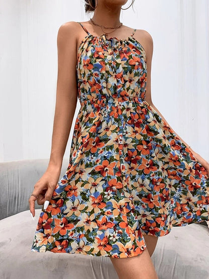 maoxiangshop Sexy Floral Print Short Dress Women Summer Fashion Black Backless Beach Sundress Casual Sleeveless Lace-up New In Dresses