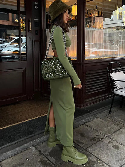 maoxiangshop -  Fashion Solid Slim 2 Piece Skirt Set Long Sleeve Short T-shirt High Waist Pockets Skirt Suit Autumn Elegant Office Outfit