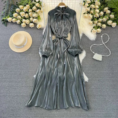 maoxiangshop Frenchic Vintage Long Dress Women Lace-up Bow Collar Lantern Sleeve Female Vestidos De Mujer Spring Elegant Dresses