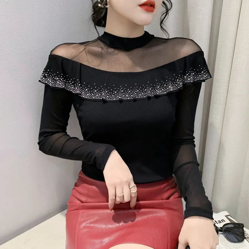 maoxiangshop Spring Autumn New Women's Tops Shirt Fashion Casual Turtleneck Long Sleeve Hollow Out Hot Drilling Mesh T-Shirt M-3XL