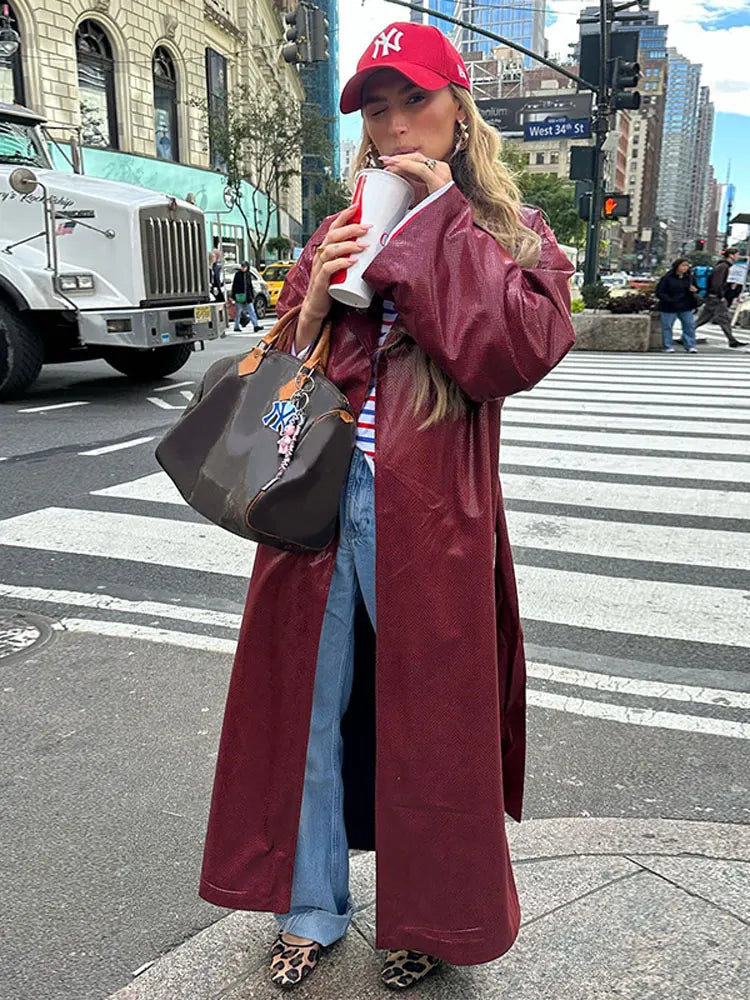 maoxiangshop -  Elegant With Belt Pu Leather Coat Women Turn Down Collar Full Sleeve Split Trench Coats Autumn Red Overcoat High Streetwear