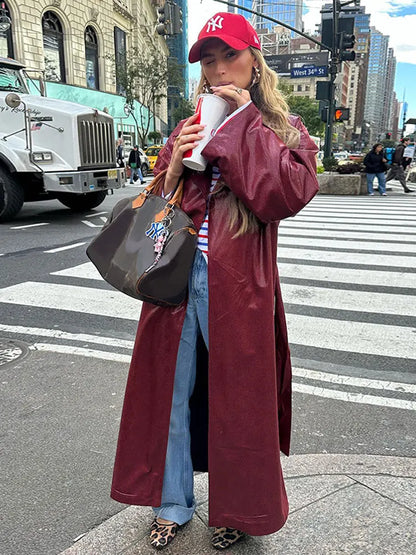 maoxiangshop -  Elegant With Belt Pu Leather Coat Women Turn Down Collar Full Sleeve Split Trench Coats Autumn Red Overcoat High Streetwear