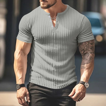 maoxiangshop Summer Slim Henry shirt short sleeve T-shirt Small T-shirt casual top sports fitness men's round neck T-shirt Ropa Hombre