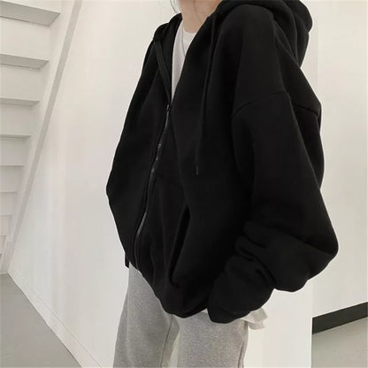 Women Hoodies Solid Color Zip Up Pocket Oversized Harajuku Korean Sweatshirts Female Long Sleeve Hooded Streetwear Casual Top