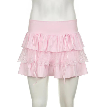 Hotsweet Pink Summer Cake Mini Skirt Tierred Lace Trim Folds Korean Fashion Girls Skirts Y2K Coquette Clothes Kawaii