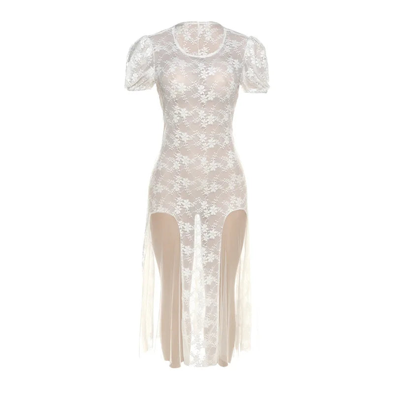 Y2k Fairycore See Through Floral Lace Mesh White Dress Summer Retro Puffy Short Sleeve Long Dresses Coquette