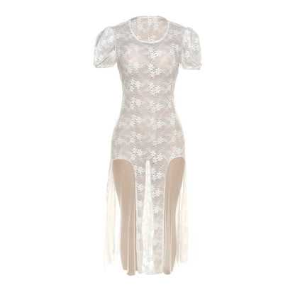 Y2k Fairycore See Through Floral Lace Mesh White Dress Summer Retro Puffy Short Sleeve Long Dresses Coquette