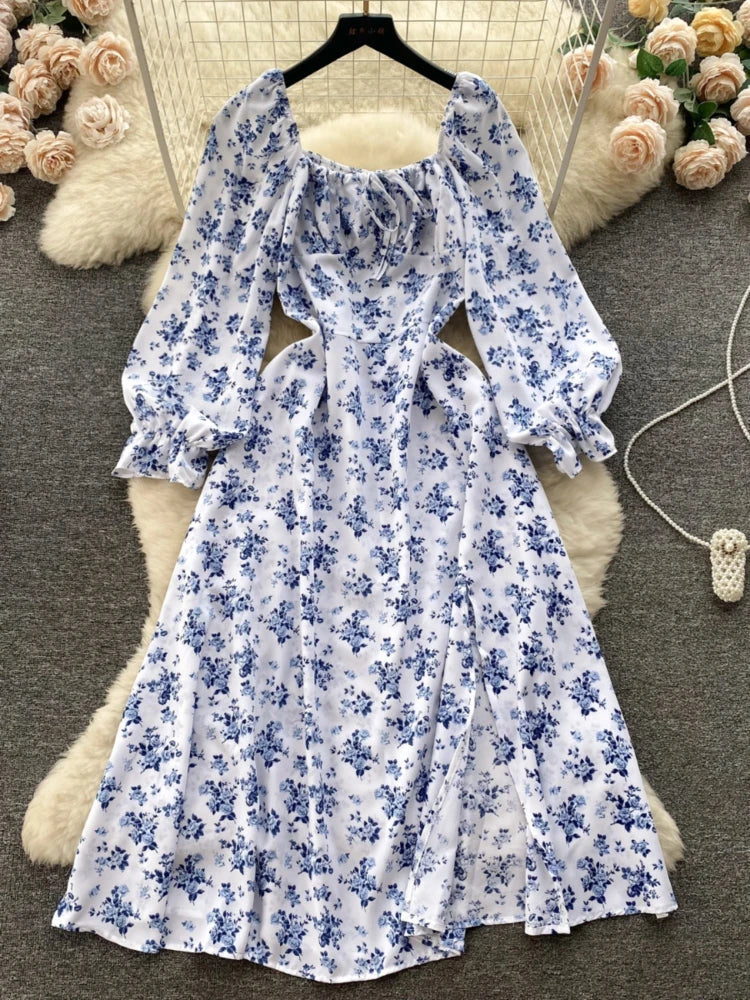 French Floral Casual Dress Women Vintage Square Neck Bubble Long Sleeved Beach Dresses Ladies Split Summer Boho Long Robe