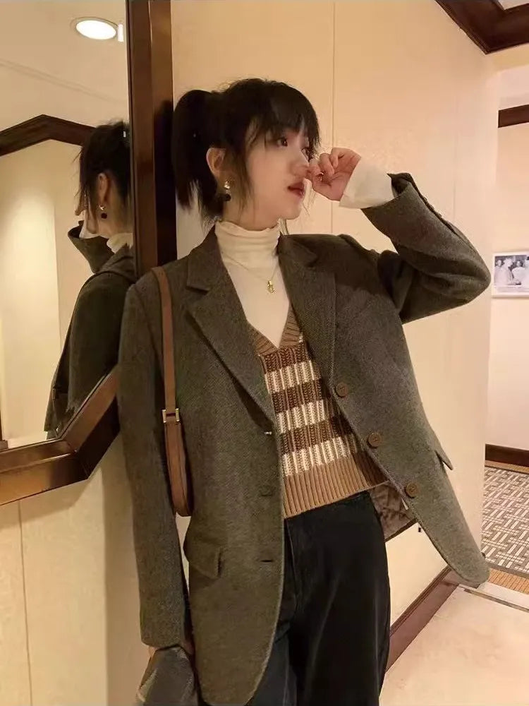maoxiangshop  -  Retro Herringbone Patterned Suit Jacket For Women's Autumn And Winter New Style, High-Quality Loose Wool Jacket