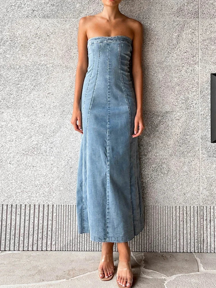 maoxiangshop  -  Side Slit Denim Bodycon Dress For Women Slim Sleeveless Maxi Dresses Women's Street Sexy Streetwear Woman Autumn New