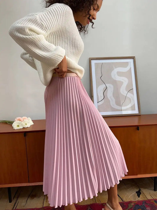maoxiangshop  -  Chic Pleated Long Skirts 2024 New Elastic Waist French Elegant Women Skirts For Spring Fall A-line Casual Retro Lady Skirts