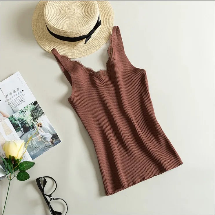 maoxiangshop Women Hook Flower Lace Tank solid Stitching V-neck Camis Female Knitted Short Slim Sleeveless Shirt Tank Casual Tops