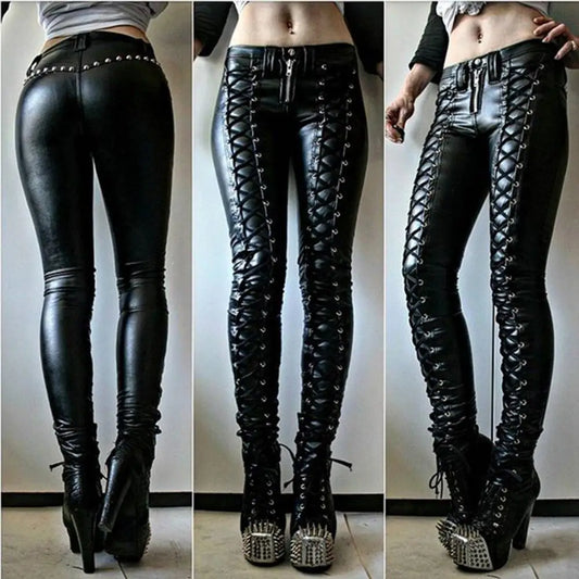 maoxiangshop Sexy Pant Steampunk Women Faux Leather Cosplay Pants Carnival Party Skinny Button Leggings Trousers Female Clothing