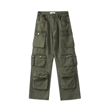 maoxiangshop Spring Cargo pants New Popular Rice White Multi-pockets Overalls Harajuku stays Men Loose Casual Trousers Straight Mopping Pants