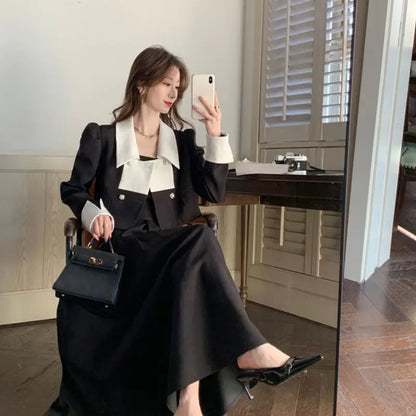 maoxiangshop Autumn Elegant 2 Piece Dress Set Women Slim Vintage Party Office Lady Korean Suit Long Sleeve Crop Tops + Casual Midi Skirt