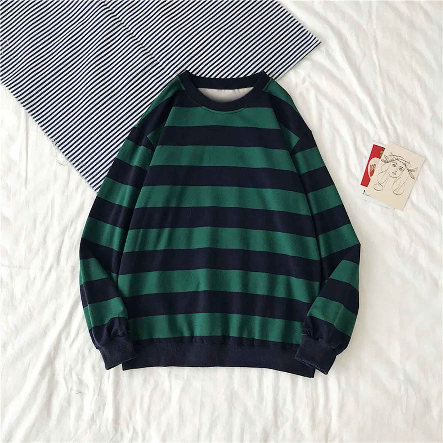 maoxiangshop Pullover Tops Long Sleeved Loose Casual Hoodies Sudadera Mujer Autumn Winter Women's Hoodies Round Neck Stripe Sweatshirt