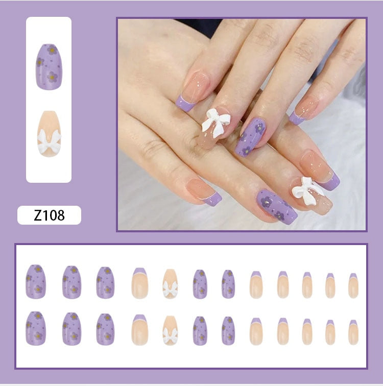 24pcs Butterfly decorated false nails Removable Long Paragraph Fashion Manicure fake nail tips full cover acrylic for girls nail